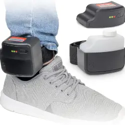 Plastic fake court-ordered ankle monitor flask that opens to reveal a hidden compartment for holding liquor, perfect for gag gifts and pranks.