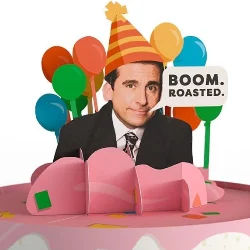 Michael Scott The Office pop-up birthday card with 'BOOM! Roasted!' quote - 3D cake gag gift for fans of iconic TV show humor and prank celebrations