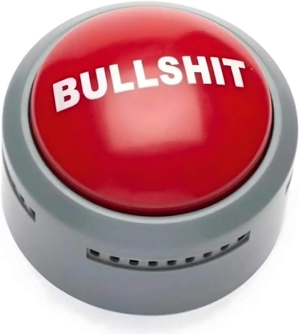 Red desktop button labeled 'Bullshit' that plays funny phrases like 'That’s bullshit!' when pressed, perfect for office humor.