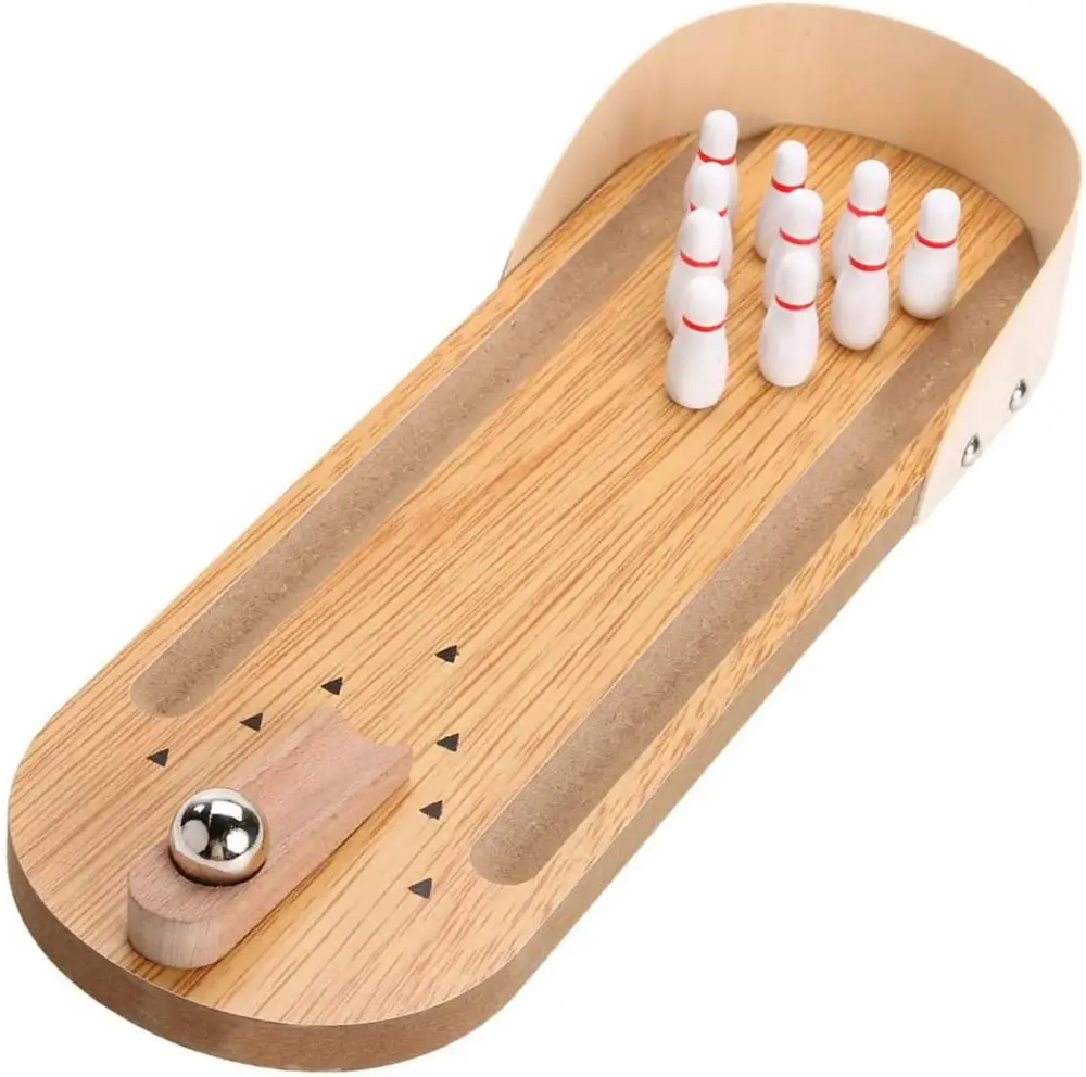 Mini wooden desktop bowling game with a ball and pins, perfect for office fun and stress relief.