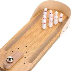 Mini wooden desktop bowling game with a ball and pins, perfect for office fun and stress relief.