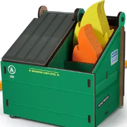 Green dumpster-shaped pencil and pen holder with flame-shaped notepads, perfect for office humor and desk organization.