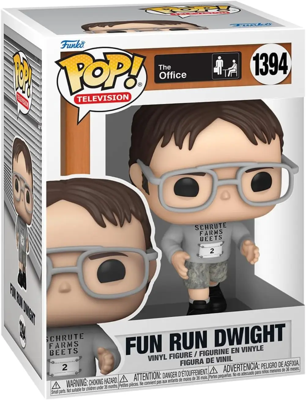 Funko Pop! TV figure of Dwight Schrute from The Office wearing a 'Schrute Farms Beets' Fun Run outfit.