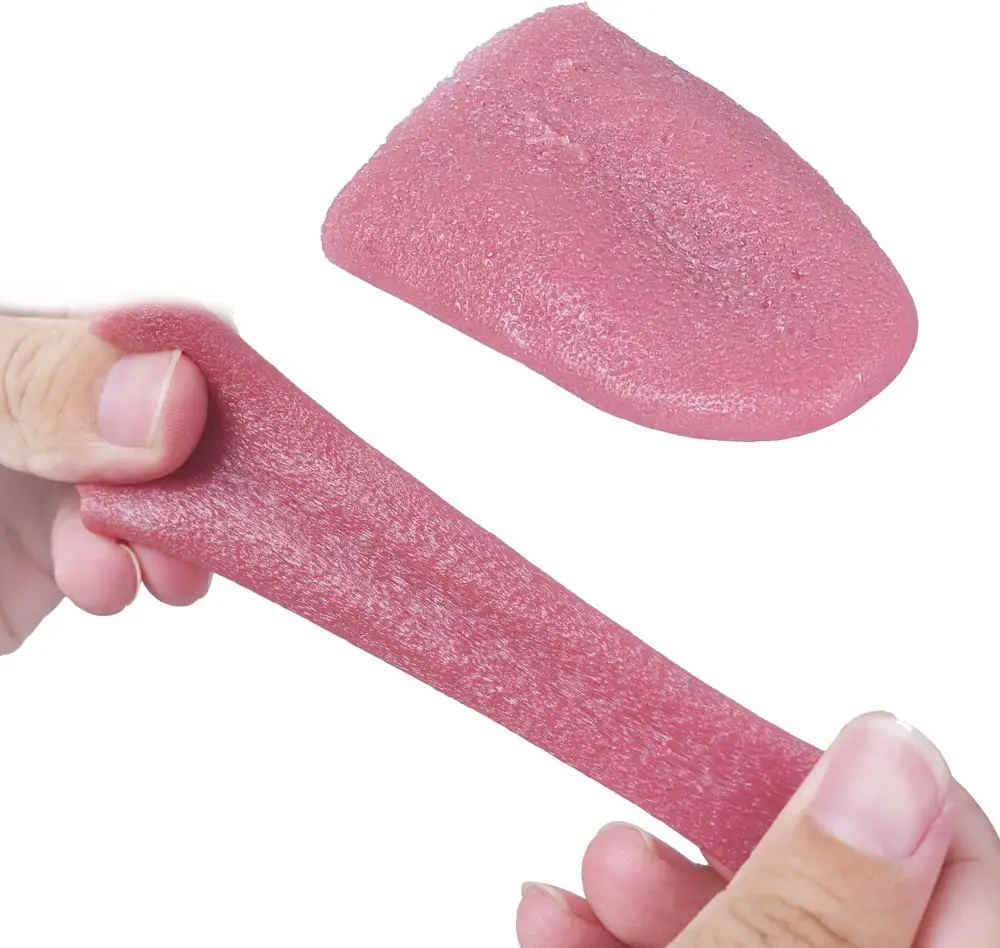 Realistic fake stretchable rubber tongue being pulled and stretched, perfect for pranks and magic tricks.