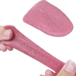 Realistic fake stretchable rubber tongue being pulled and stretched, perfect for pranks and magic tricks.