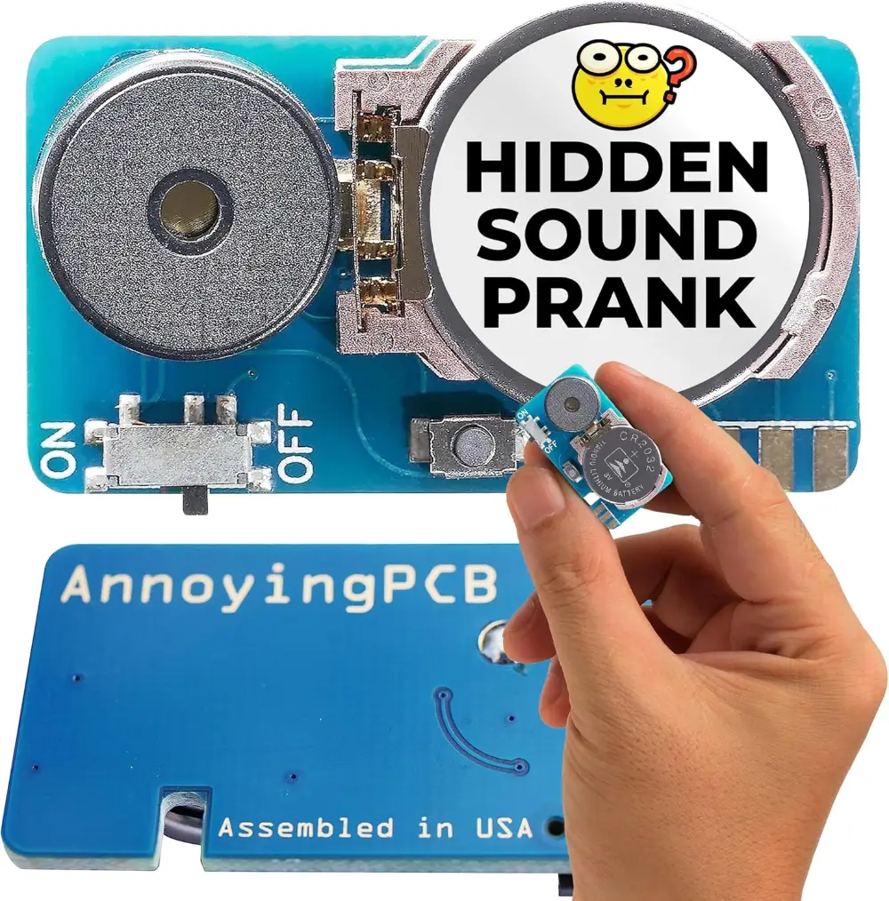 Small hidden sound prank PCB emitting annoying noises like beeps and cricket sounds, perfect for office pranks or practical jokes.