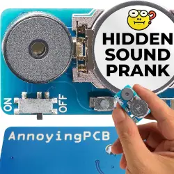 Small hidden sound prank PCB emitting annoying noises like beeps and cricket sounds, perfect for office pranks or practical jokes.