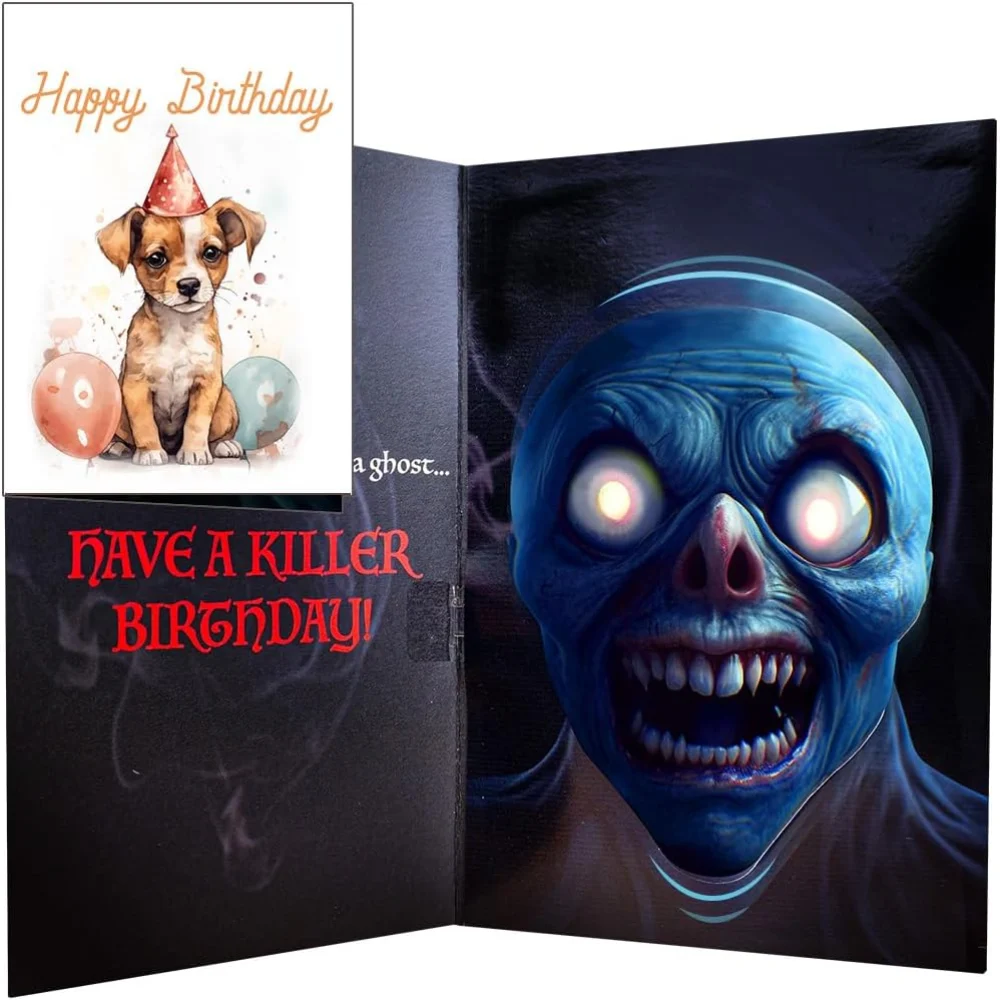 Prank birthday card with cute puppy on front opening to reveal jump-scare ghost graphic and text: 'Another year older and closer to being a ghost. Have a killer birthday!'