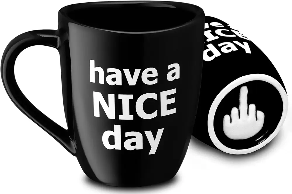 Black coffee mug with 'have a NICE day' on the front and a hidden middle finger image revealed when tilted, perfect for pranks or gag gifts.