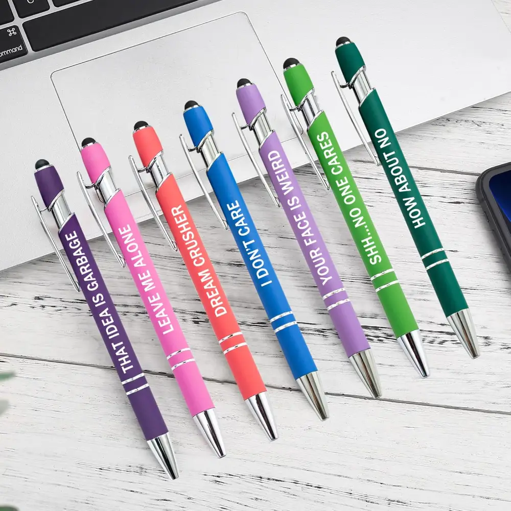 Set of colorful ballpoint pens with stylus tips, featuring sarcastic and fun phrases, perfect for office humor and practical use.