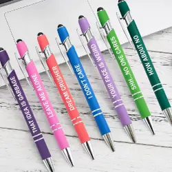 Set of colorful ballpoint pens with stylus tips, featuring sarcastic and fun phrases, perfect for office humor and practical use.