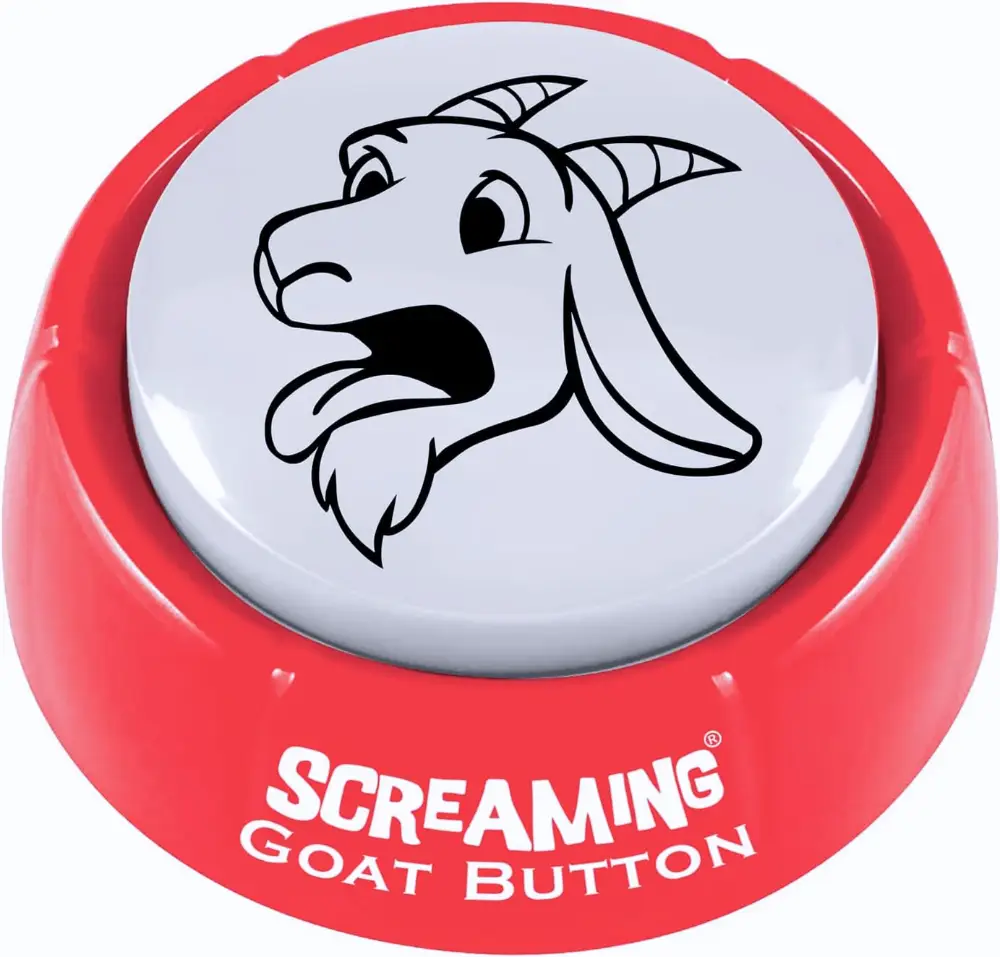 Red desktop button labeled 'Screaming Goat Button' that plays a goat screaming sound when pressed, perfect for office humor and pranks.