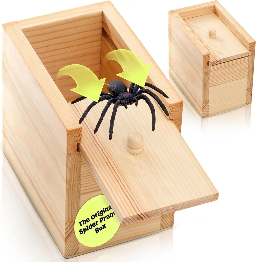 Wooden spider prank box with a sliding lid that reveals a fake spider popping out, perfect for surprising and pranking friends or coworkers.