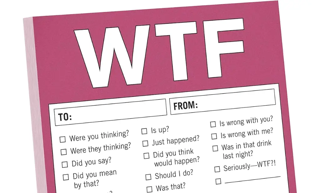 'WTF' notepad with funny sayings and checkboxes for humorous notes, perfect for office fun or sarcastic gifts.