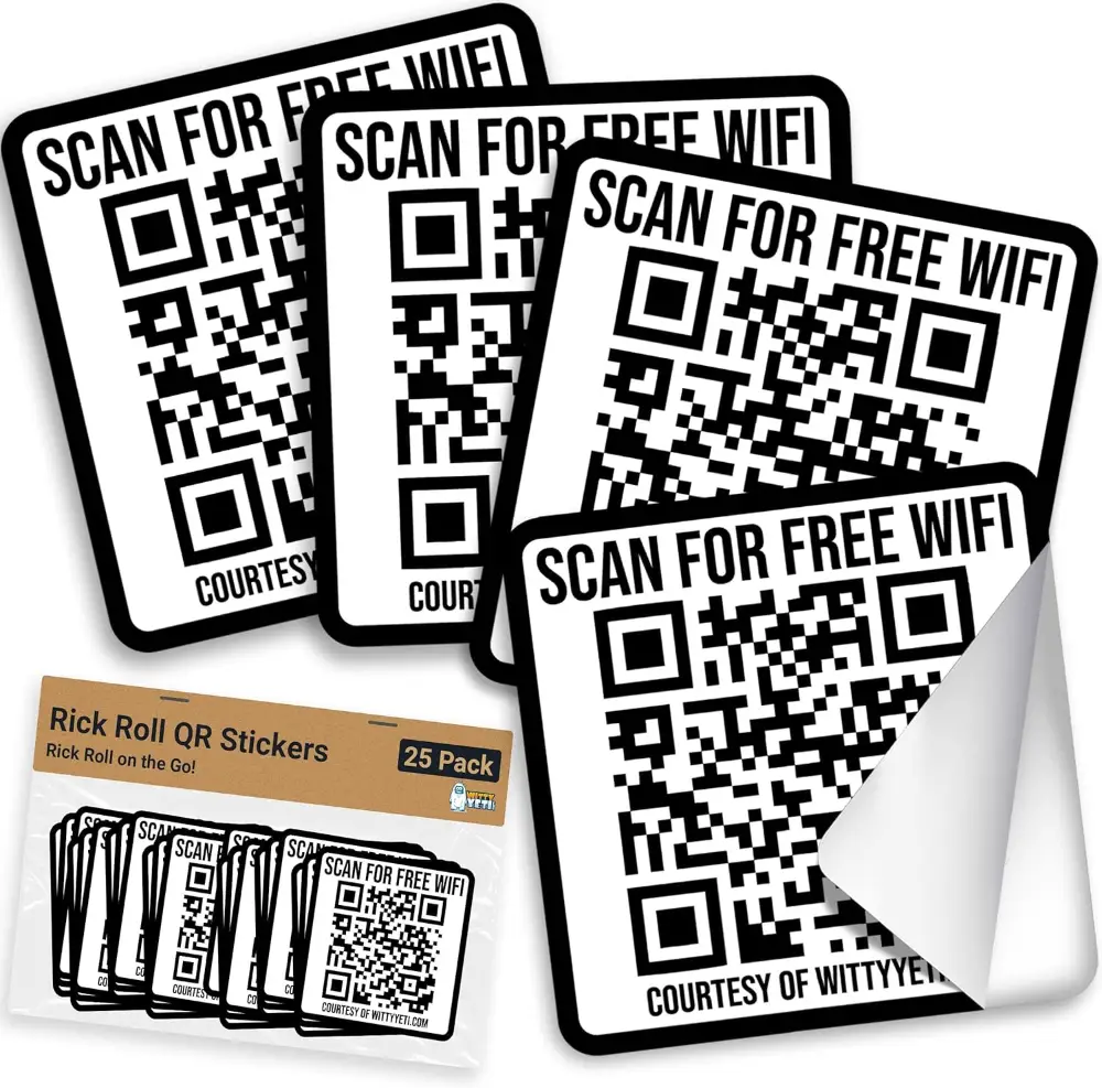 Set of joke stickers with a QR code labeled 'Scan for Free WiFi,' which redirects to Rick Astley's 'Never Gonna Give You Up' video.