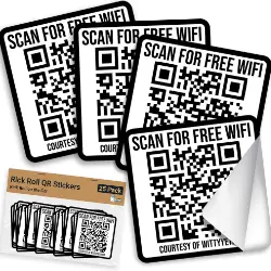 Set of joke stickers with a QR code labeled 'Scan for Free WiFi,' which redirects to Rick Astley's 'Never Gonna Give You Up' video.