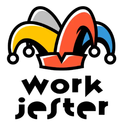 Work Jester logo featuring a colorful jester hat with yellow, red, and blue panels alongside bold black text reading 'Work Jester.