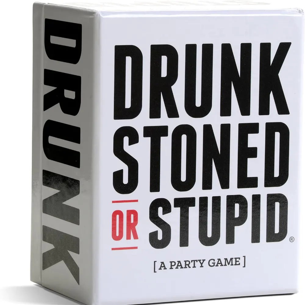 Box of the “Drunk Stoned or Stupid” party game, showing bold black and red text on a white background with the tagline “A Party Game to Call Out Your Friends.”