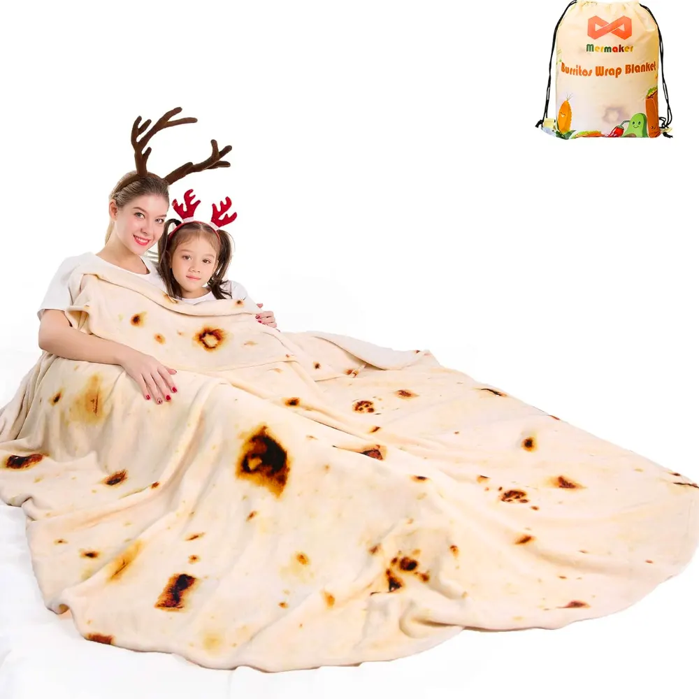Person wrapped in a giant round tortilla burrito blanket on a couch, showing the realistic yellow tortilla print of the soft flannel throw, a funny food blanket gift for adults and kids.